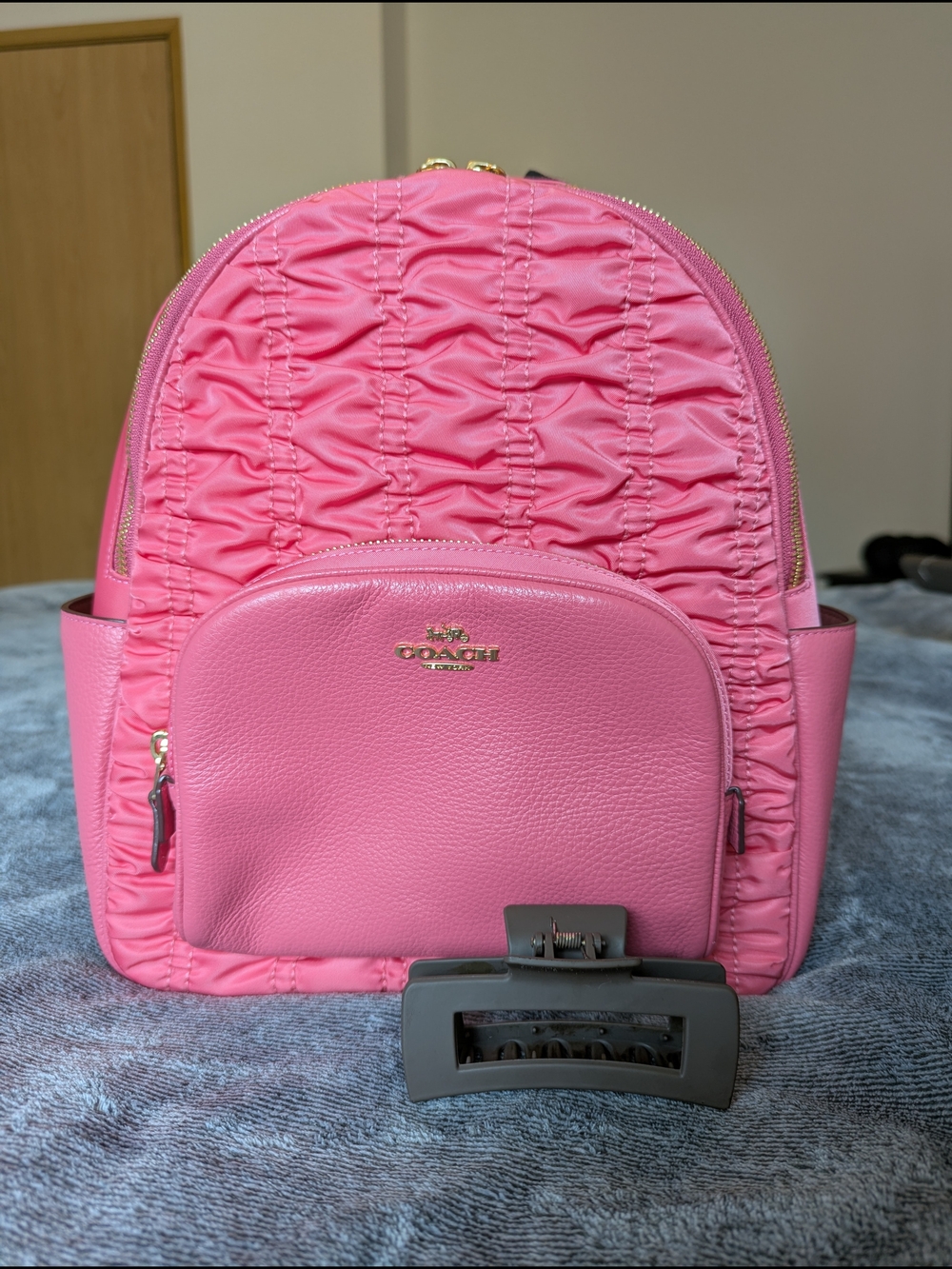 Coach Pink Ruffled Backpack with Pebbled Leather Pouch